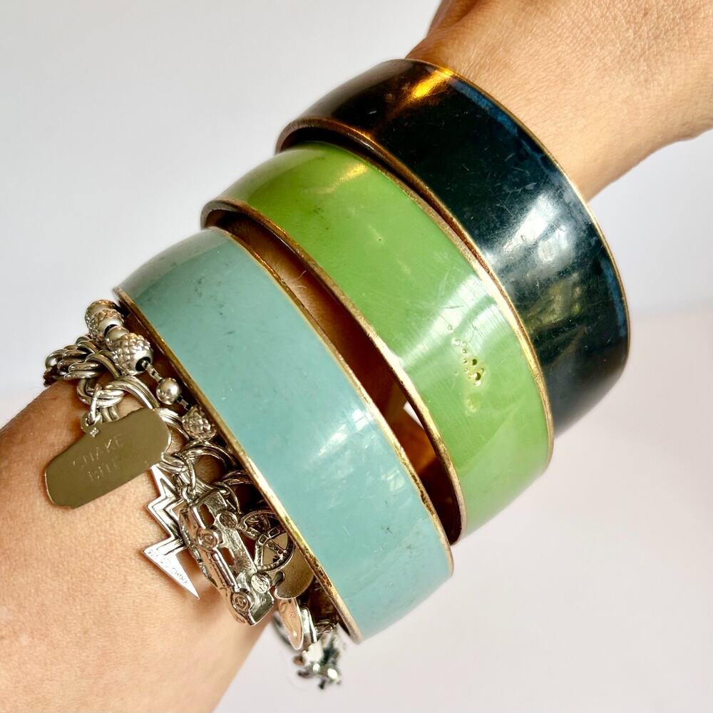 Enamel Bangle Bracelets Set Brass Green Aqua Black Vintage Stackable